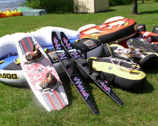 Towable water sports gear including tubes and wakeboards